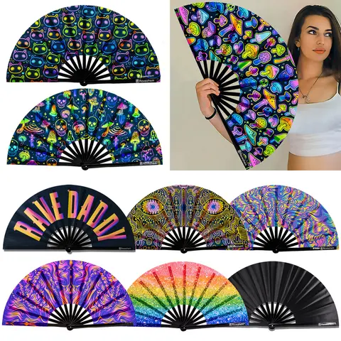 RAVEAHEM Handmade Satin Fabric Bamboo Wooden 34cm Closed Portable Folding Fan - Men's Clack Fan, Home Decoration Wall Decor Accessory, Rave Festival Gift
