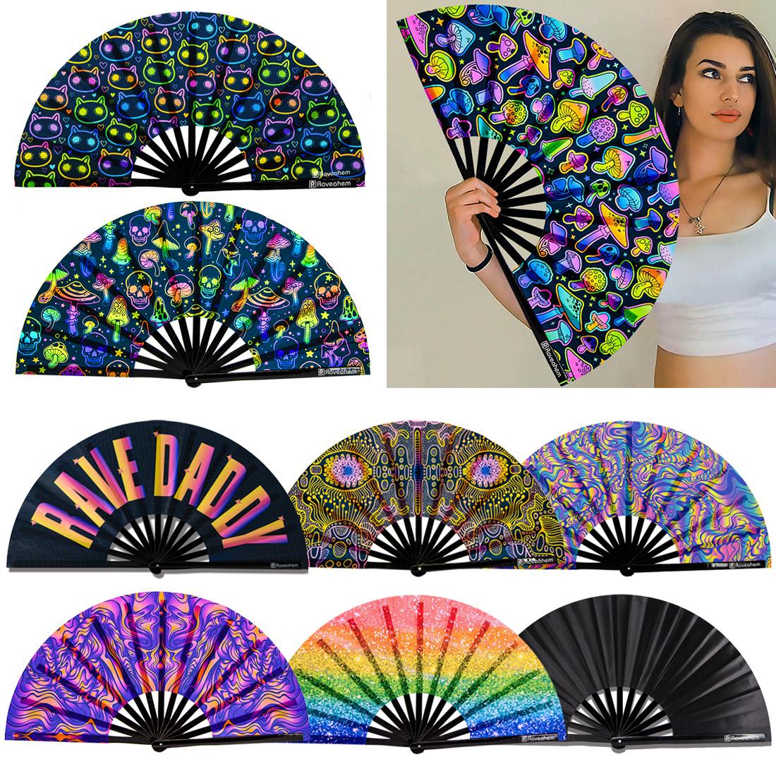 UV Glow Rave Fan Bamboo Folding Clack Hand Fan for Men Women Decor Gift Party Disco Dance Pride Festivals Accessory fans