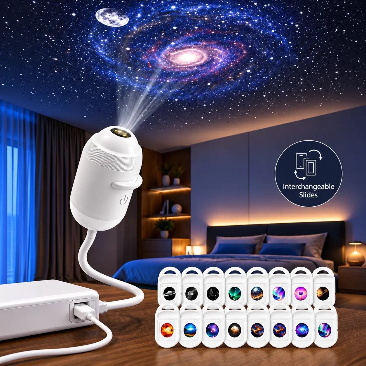 5D Holographic LED Starry Sky Projector - 2-in-1 USB-Powered Plug-and-Play Scene Atmosphere Light, 360° Rotation, Changeable Films, Camping Hiking Headlamp, Adjustable LED Mood Light, Cool Bedroom Decor Gadget, Unique Room Decor