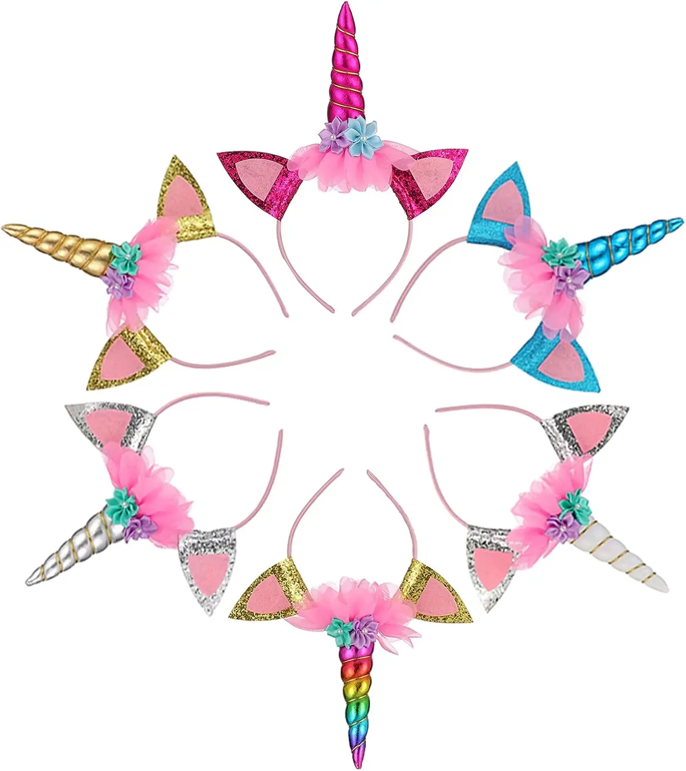 6 Pack Unicorn Horn Glitter Ears Flower Headband Birthday Party Favor SuppliesGift.