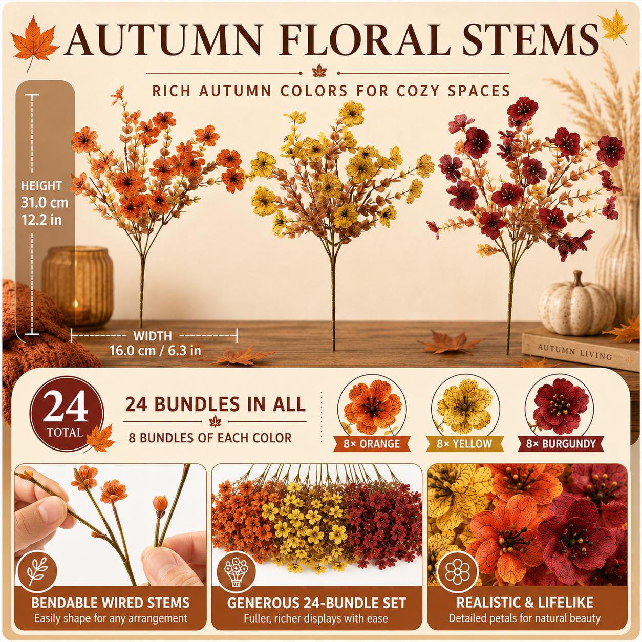 12 PCS UV-Resistant Fade-Proof Artificial Fall Daisy Silk Flowers with Realistic Green Leaves & Real-Leaf Detail, Home Decor Ornaments for Front Porch, Autumn Thanksgiving (Home Supplies, Outdoor Use)