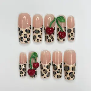 Nail Karma - Leopard Print With Cherry Long Square Press On Nail, Custom Design Nail Art, Fake Nail for Birthday, Holiday Nail, Gift For Her