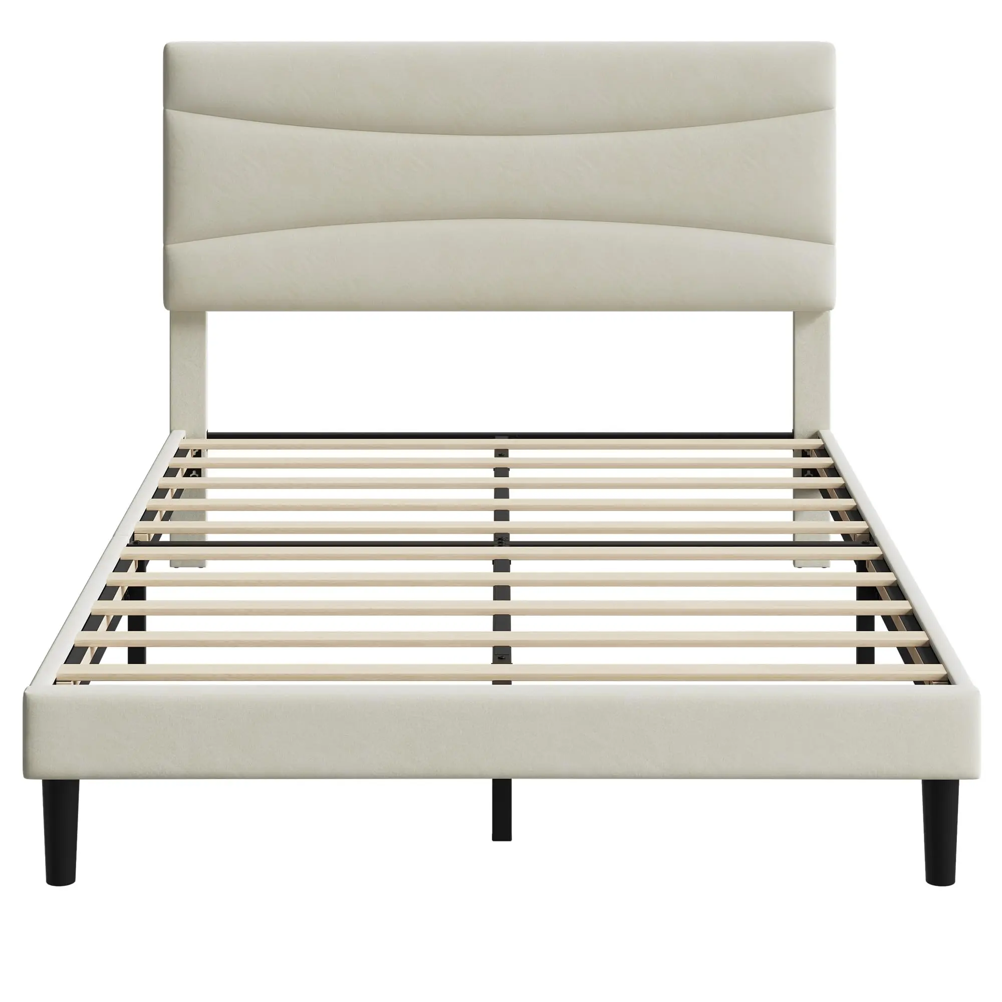 Garvee Double Bed Frame,4ft6 Upholstered Wooden Slat Bed Frame with Headboard, Easy Assembly, Underbed Storage, No Box Spring Needed 135×190