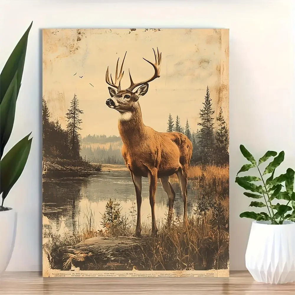1pc Framed 12x16 Inch Vintage Hunting Art Print - Retro Deer Duck Fish Scene with Pine Trees & River, Old Time Cabin Wall Decor, Outdoorsy Gift for Hunter Dad, Deer Home Decor, Serene Nature Artwork, Earthy Tones Artwork, 2D Flat, Perfect for Room Decor	