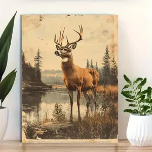 1pc Framed 12x16 Inch Vintage Hunting Art Print - Retro Deer Duck Fish Scene with Pine Trees & River, Old Time Cabin Wall Decor, Outdoorsy Gift for Hunter Dad, Deer Home Decor, Serene Nature Artwork, Earthy Tones Artwork, 2D Flat, Perfect for Room Decor	