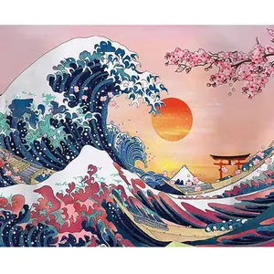 5d Diy Sunset Cherry Blossom Big Waves Full Round Diamond Painting Kit Mosaic Scenery Art Full Drill Diamonds Embroidery Craft,Living-room Decor,Frameless