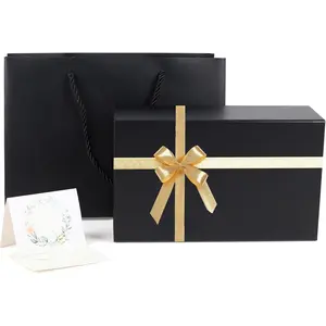 Gift box with lid, 9.8 x 5.9 x 3.4 inches, black gift box suitable for wedding groomsmen proposal boxes, Christmas, Halloween, and other occasions. Includes card, ribbon, and gift bag.