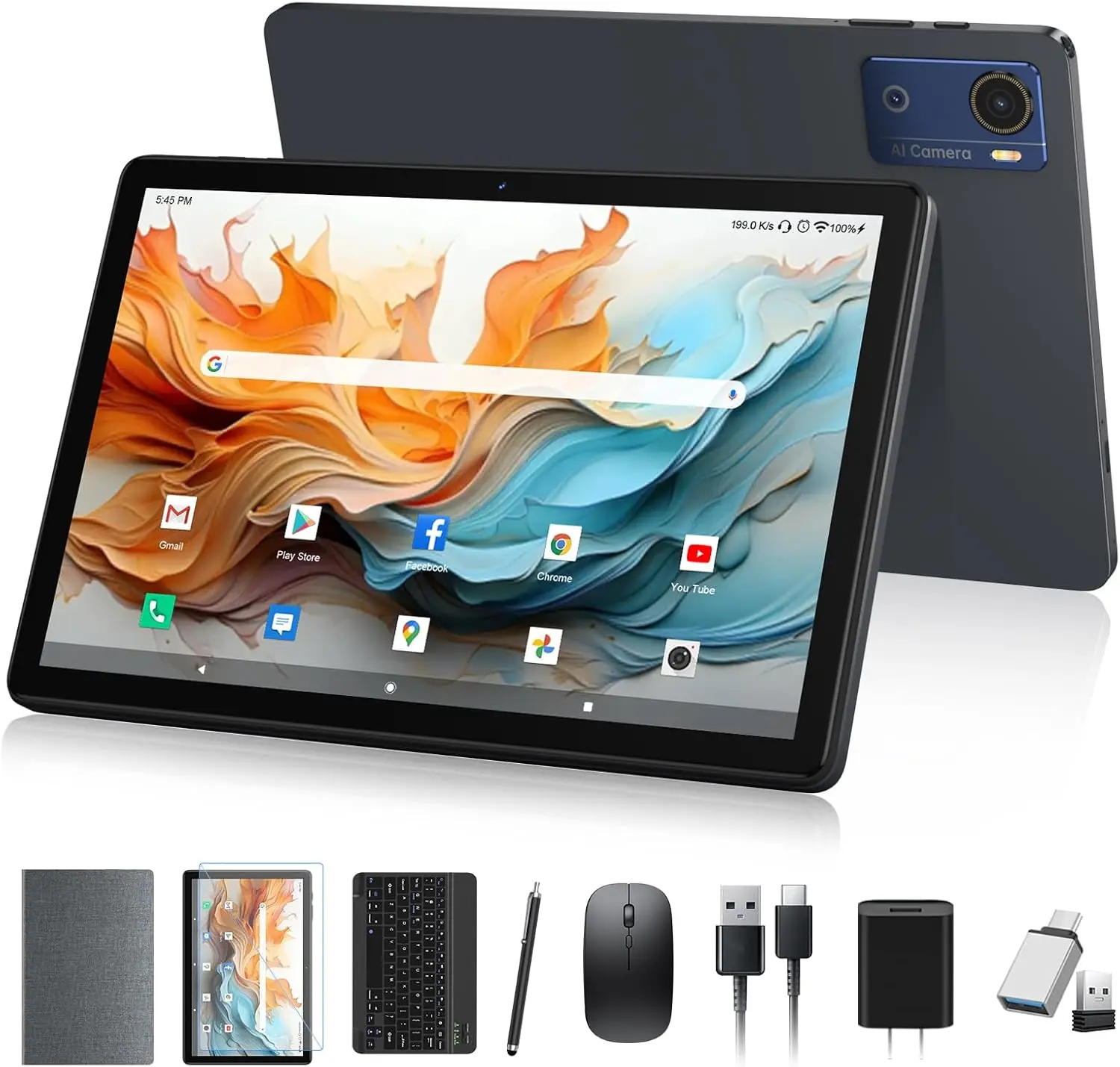 FEONAL Multifunctional Tablet, 10.1-Inch HD LCD Touchscreen Android 2-in-1 with Keyboard & Mouse, 12GB+64GB, Octa-Core Processor, 512GB Expandable Storage, 5+13MP Cameras, 7000mAh Battery, AI Gemini, GPS, USB-C/Bluetooth 5.0, 5G WiFi, Gray Case, Usb-C/Blu