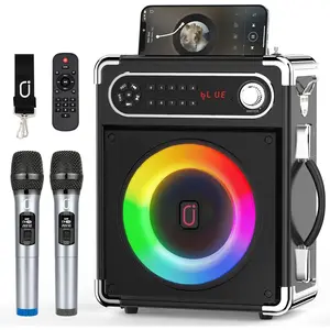 Karaoke Machine with Two  Microphones, Portable  Speaker with Bass/Treble Adjustment, PA System with Remote Control, LED Lights,Supports TF Card/USB/AUX/TWS