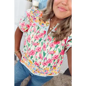 Pink Plus Size Floral Print Striped Trim V Neck Blouse
