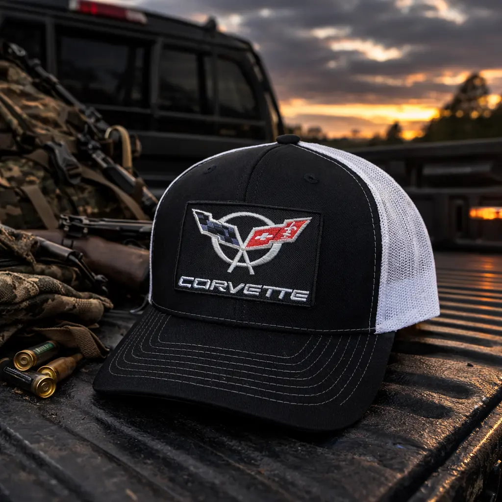 Vintage Racing Corvette Embroidered Patch Trucker Hat, Sports Car Patch Snapback Cap, Black White Mesh Hat, Motorsport Gift, Car Enthusiast Hat