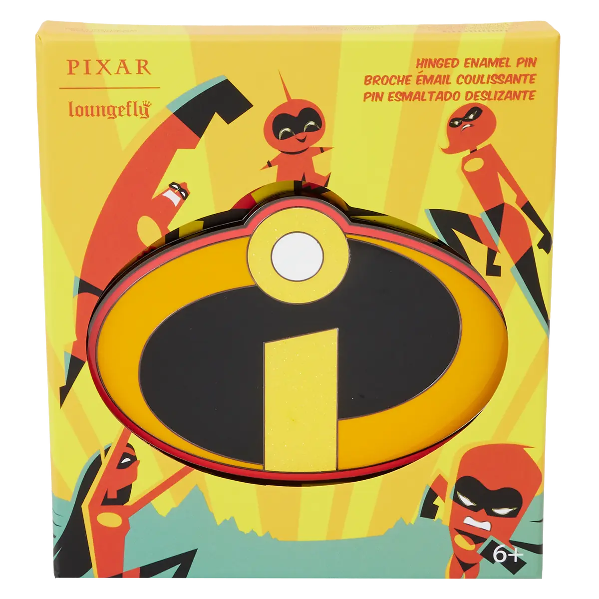 Loungefly The Incredibles 20th Anniversary 3" Limited Edition Gunmetal Hinged Enamel Pin, Parr Family Collector Box Brooch, Glitter