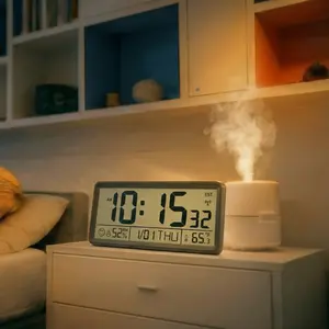 EASYERA 15 Inch Atomic Digital Wall Clock, Battery Operated, Auto Set, Big Display with Temperature, Humidity, Date, Day, Silent Non-Ticking, 4 Time Zones, DST, Wireless Self-Setting, Large Desk Clock Perfect for Home, Office or Classroom