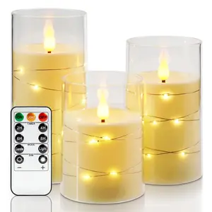 LED Flameless Candles, Battery Operated Candles with Embedded Fairy Lights, Acrylic Fake Candles with Remote and Timer for Wedding Home Decor, Ivory White, Set of 3, D3 x H4 5" 6"