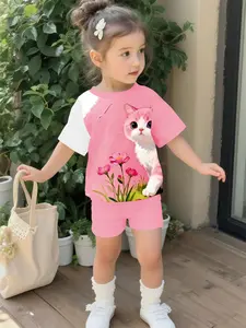 Pink Cat & Floral Cute Baby Girls Outfit, Digital Printed 100% Polyester Infant Short Sleeve Set. Adorable casual clothing for baby girls, suitable for daily wear and outdoor activities. An ideal gift for little infants.