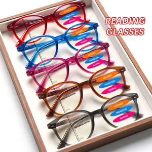 5-Pack Fashionable Progressive Multifocal Blue Light Blocking Reading Glasses Classic solid-color rectangular frames Featuring three-level vision adjustment Spring hinge design Comfortable to wear Essential for daily commuting, reading, and office work