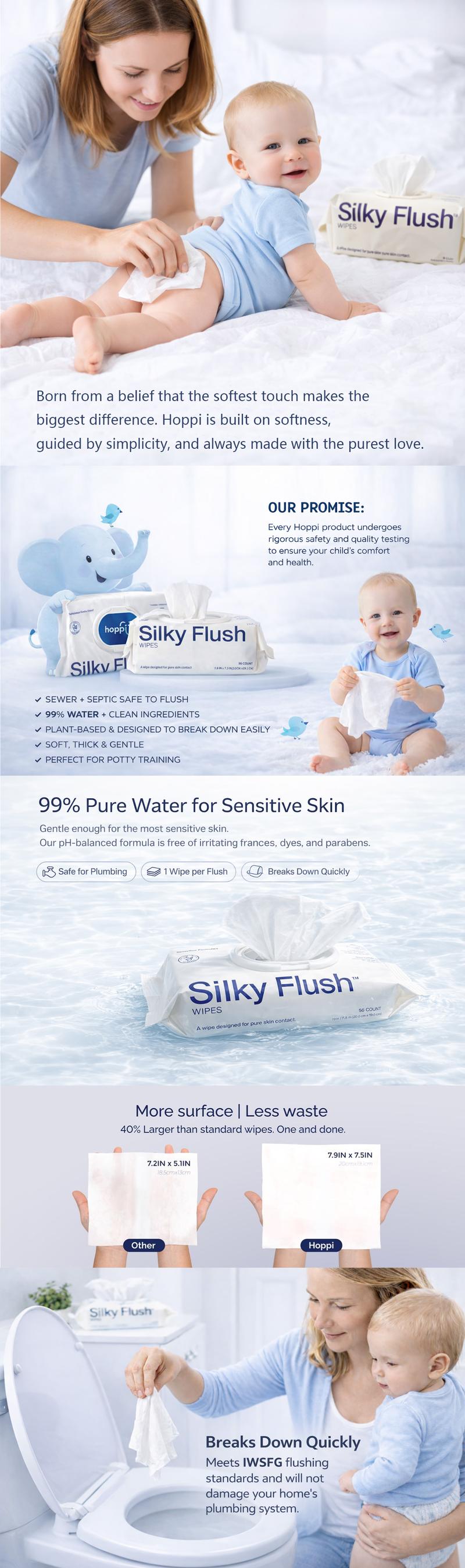 Hoppi Flushable Baby Wipes, 99% water content, hypoallergenic, suitable for sensitive skin, plant-based formula, fragrance-free, safe for sewers and septic systems, silky smooth and easy-to-flush toilet training wipes for toddlers (224 wipes, 4 packs)