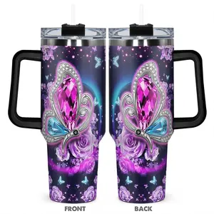 40oz Tumbler, 1pc Gift, Stainless Steel Cup, Insulated and Durable, Butterfly design with diamonds inlaid, Butterfly theme, Perfect Gift for Women, Girls, Butterfly lovers Gift, Birthday Gift for Her, Elegant Drinkware