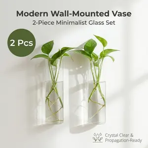 2-Piece Wall-Mounted Glass Vase Set, Clear Cylinder Planter for Water Propagation, Minimalist Wall Decor for Pothos & Indoor Plants, Space-Saving Hanging Vases