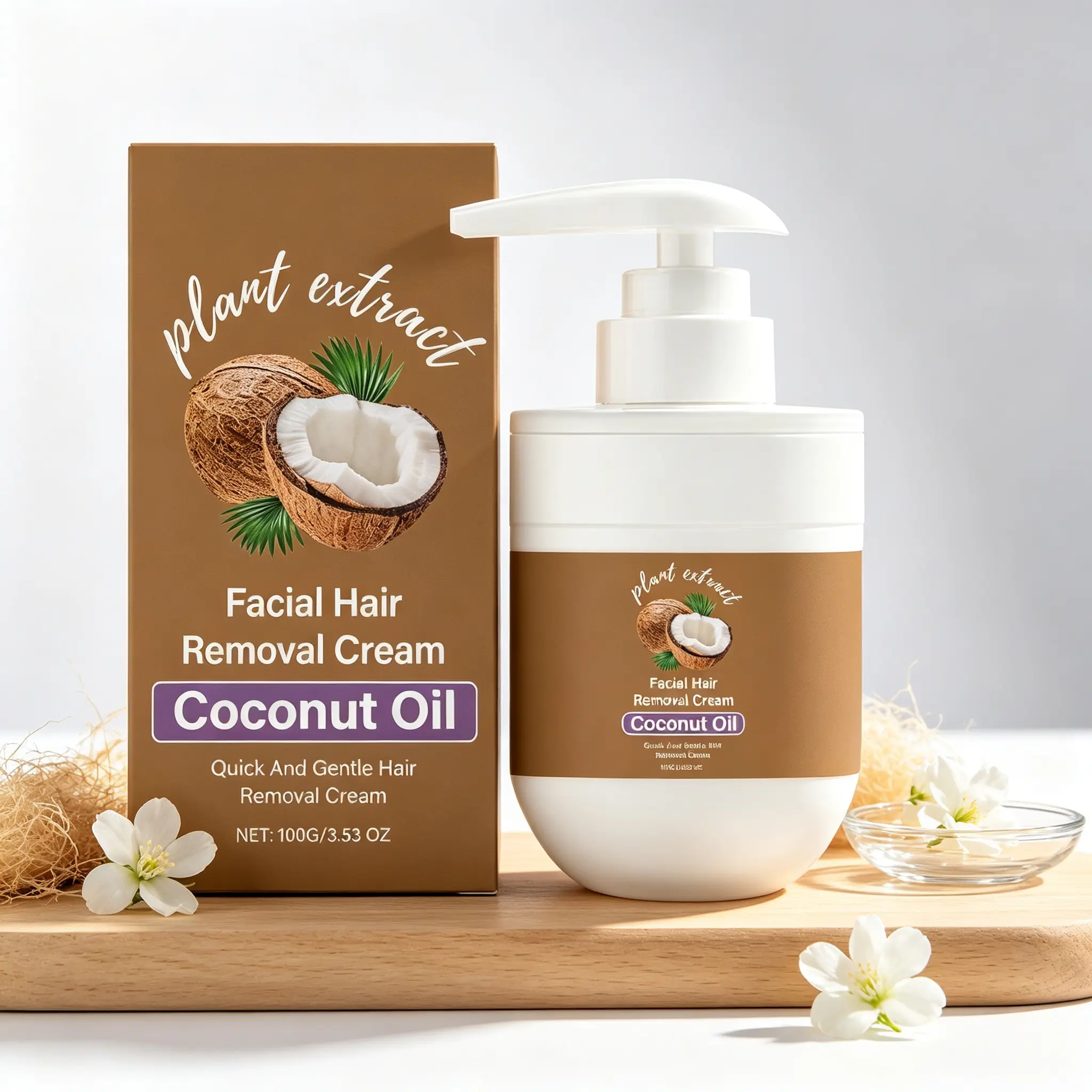 Facial Hair Removal Cream enriched with Coconut Oil  Quick and gentle formula removes unwanted hair while coconut oil soothes and moisturizes. 100g / 3.53 oz. Made for sensitive skin. #hairremoval #coconutoil #beautytips