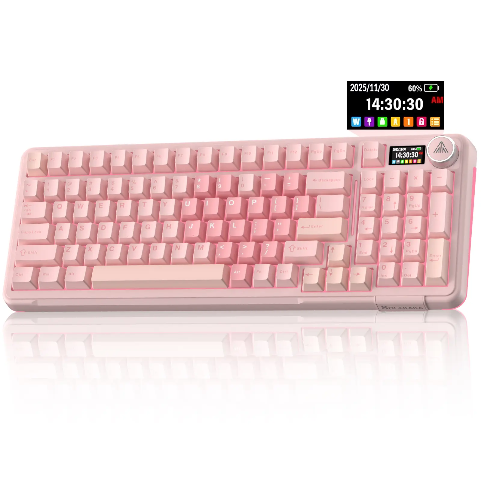 Solakaka A99 Pro 99% Wireless Mechanical Keyboard - Creamy, Illuminated, Pro Gaming, Hot-Swappable, LCD Screen, Control Knob, Tri-Mode Bluetooth/2.4G/USB-C, RGB Backlit, Pink Bluetooth Keyboard, Creamy Keyboard