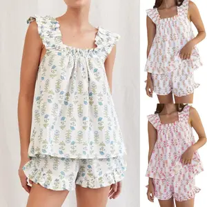 Women Floral Print Summer Set, Square Neck Flutter Sleeve Loose Tank Tops Ruffled Shorts 2-Piece Outfits,  Casual Comfy Strap Camisole & Shorts Pyjama Set, Floral Print Button Down Pyjama