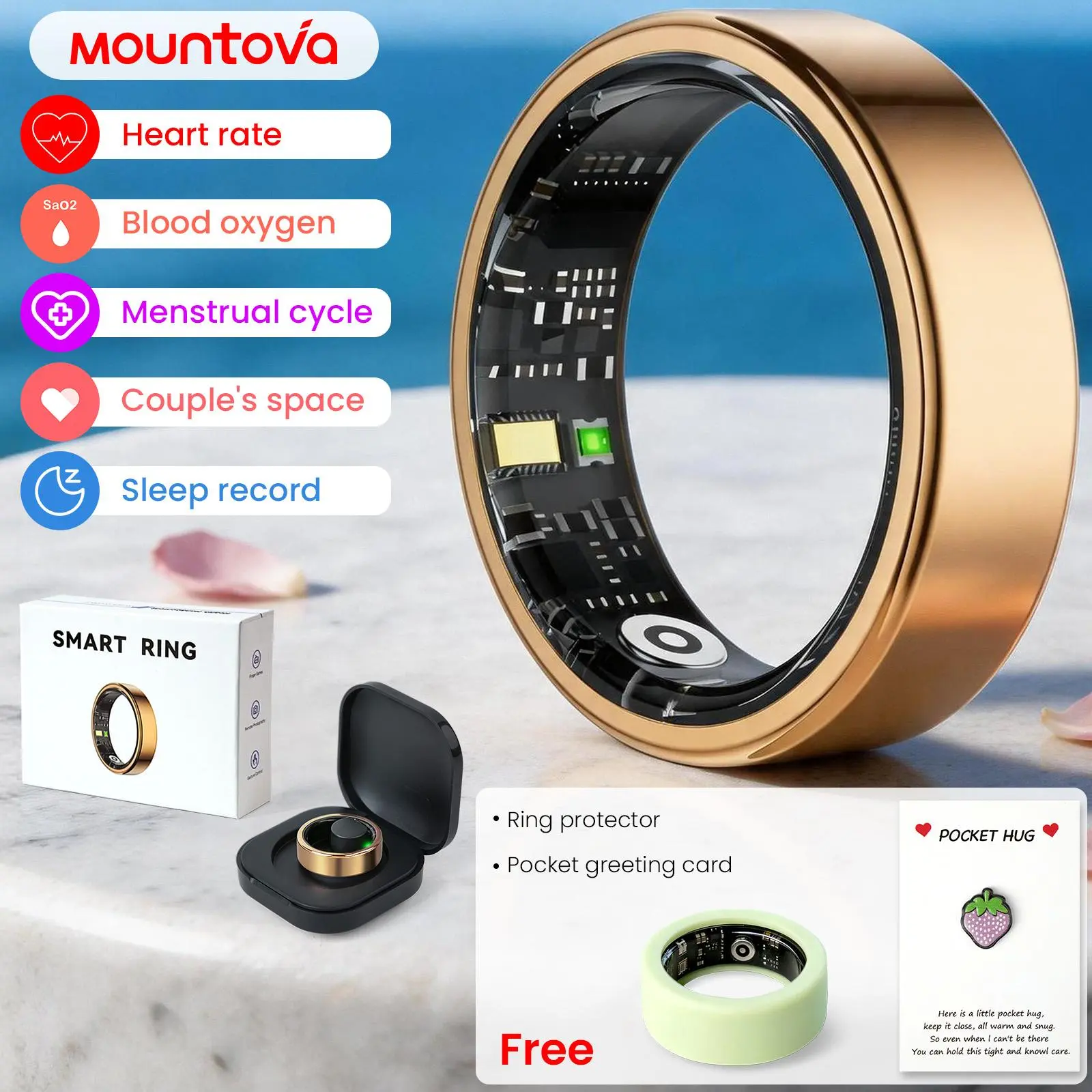 New! M3 Rose Gold Stainless Steel Smart Ring, Fitness Tracker Smart Ring with Heart Rate, Blood Oxygen, Sleep Tracking, Stress & Women Cycle Monitor, IP68 5ATM Waterproof Smart Health Ring for iOS Android, Charging Case Included,#tiktokshopsummersale