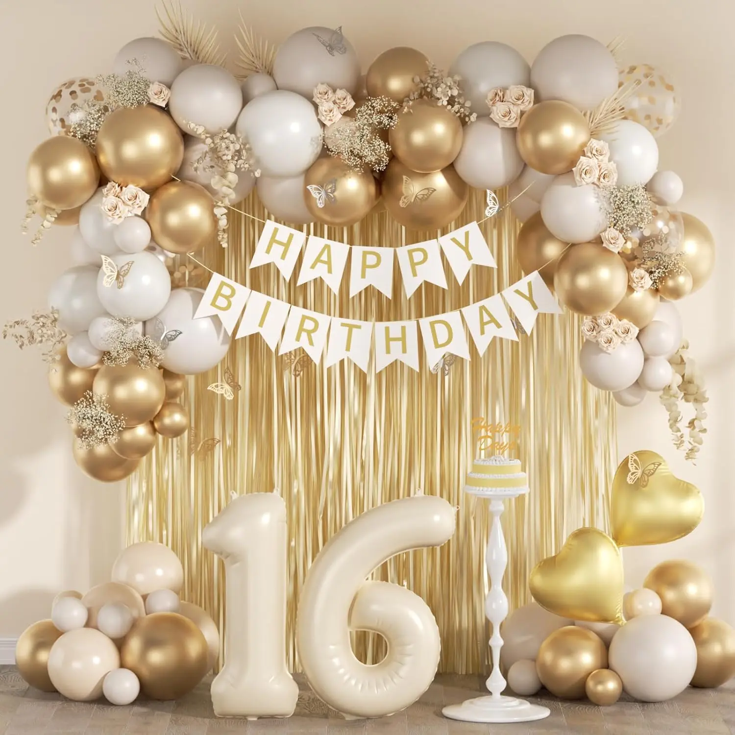 Golden Sweet 16 Birthday Party Decorations Set - 10inchx10 & 32inch Balloon Kit with Happy Birthday Banner, Fringe Curtain, White Confetti, Metallic Number & Heart Foil Pieces, Decorative Strips, Easy-Install, Hangable for Teen Indoors Celebrations