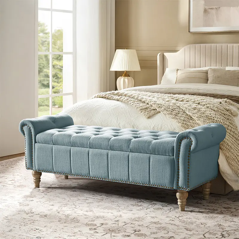 HULALA HOME Tufted Lift-Top Storage Bench - Upholstered Bench with Rolled Arms, Nailhead Trim, Thick Cushion, Classic Accent Seating for Entryway, Bedroom, Easy Assembly
