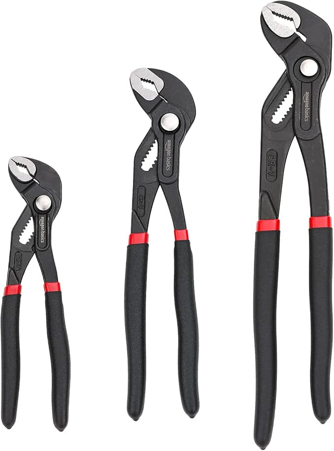 Basics 3-Piece Quick Release Groove Joint Pliers Set, Drop Forged Chrome Vanadium Steel, Includes 7-inch,10-inch, and 12-inch, Black