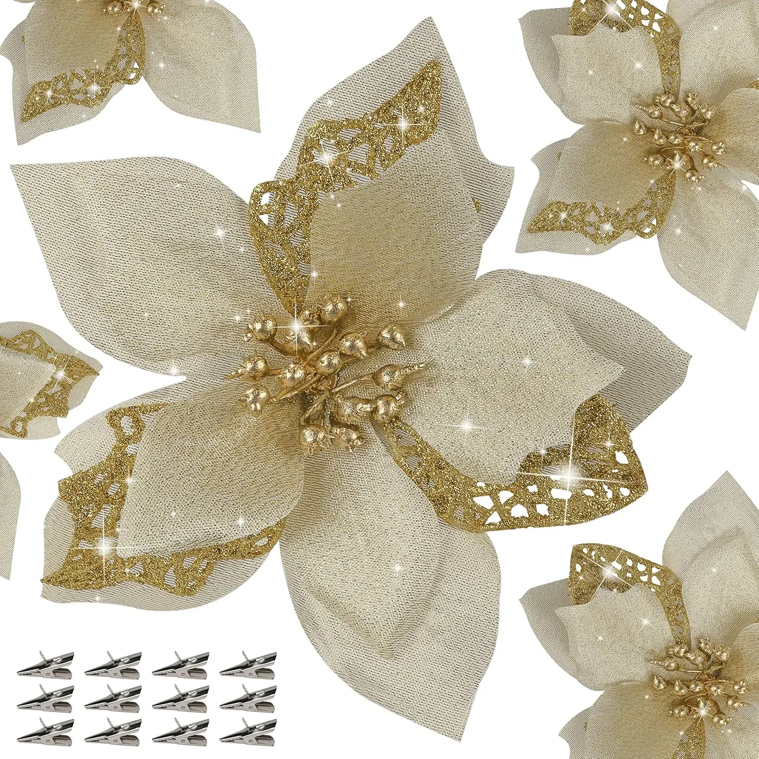 12 count Poinsettia Flower Artificial Poinsettia Christmas Decoration 5.9''  Glitter Poinsettias Christmas Ornaments Xmas Tree Flower Decor with Clips DIY Xmas Wreath Holiday  Party
