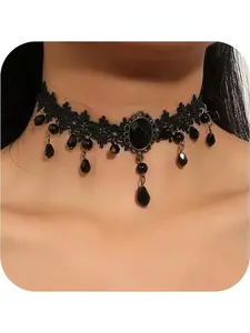 Gothic Black Necklaces for Women, Adjustable Layered Velvet Leather Lace Collar Necklace, Gothic Jewelry Gifts