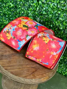 4 Inch By 10 Yard Fuchsia Flowers Colors Deluxe Dupioni Backed Wired Edge Ribbon