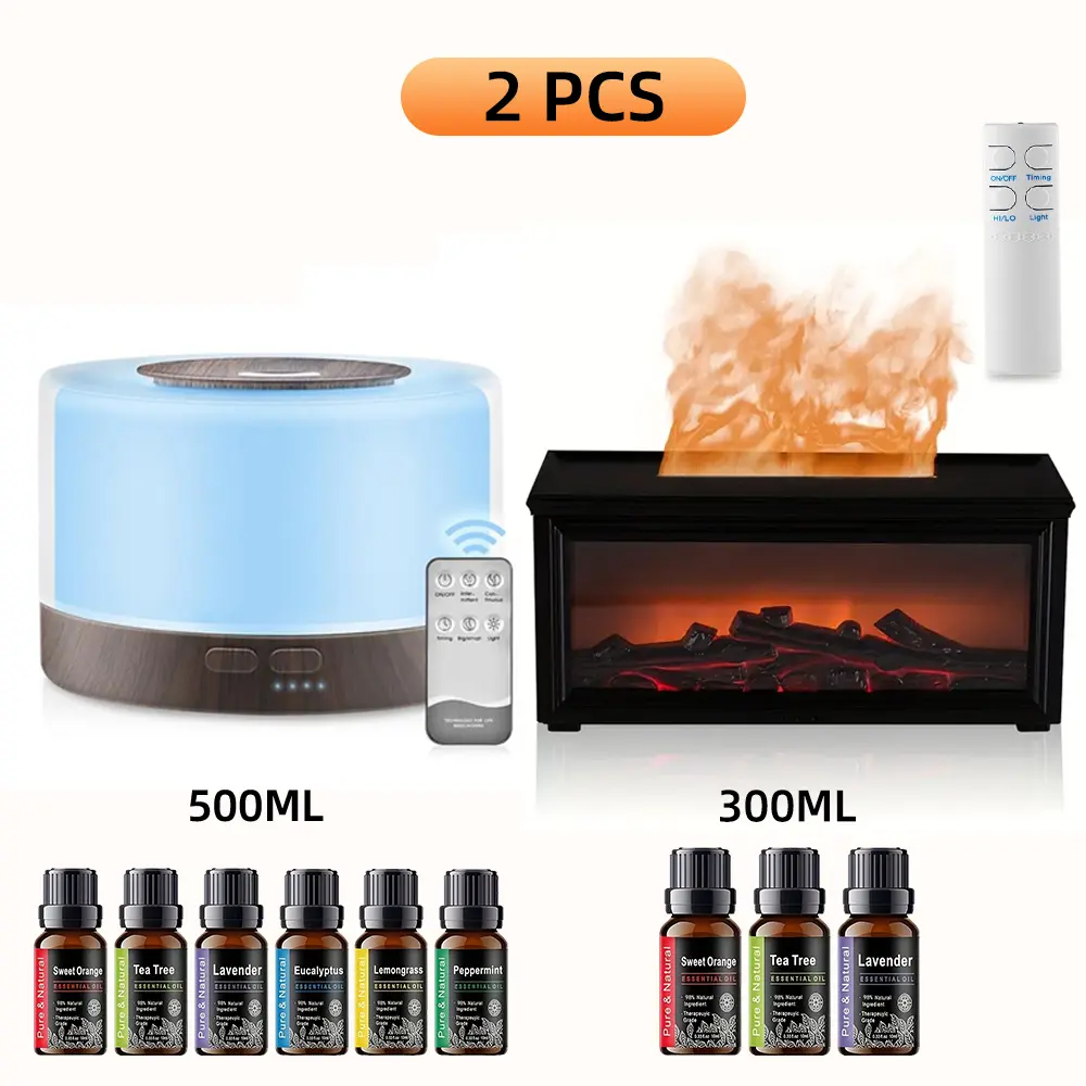 Auto Shut-Off Essential Oil Diffuser Set  Includes 2 Remote-Controlled Humidifiers, 7 LED Colors, Soundwave Technology, Cool Mist for Air & Ambiance
