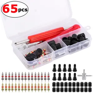 65Pcs Tire Valve Stem Tool Remover & Installation Set, Valve Caps Snap-in Valve Stems with Valve Stem Cores, Single and Dual Head Tire Valve Core Remover Tool, 4-Way Valve Tool for Most Cars