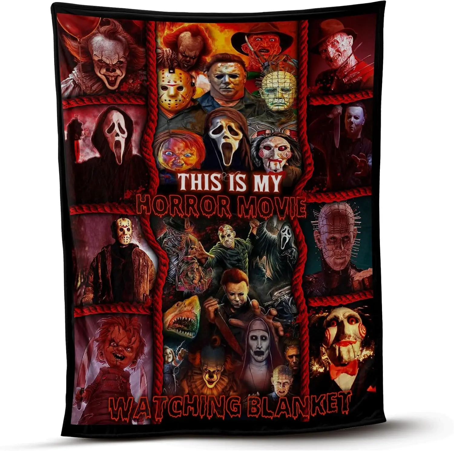 This Is My Horror Movie Watching Blanket, Classic Horror Villains Flannel Throw Blanket, Pennywise Ghostface Jason Chucky Bed Blanket, Spooky Season Gothic Decor, Soft Cozy Fleece Blanket, Horror Fan Gift