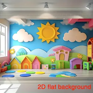 1PC,2D Flat 2D Flat - Printed Children's Play Area Backdrop, Cartoon - Style with Sun, Clouds, Houses Patterns, Ideal for Kindergarten, Early Education Center, Photo Decoration, Creates a Pla