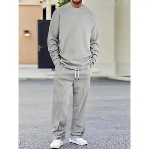 Men's 2-piece solid color waffle plaid casual suit top long sleeved round neck long sleeved pullover sweatshirt and solid color drawstring pants chic and comfortable casual suit suitable for men's daily casual wear, pretending to be spring and autumn men'