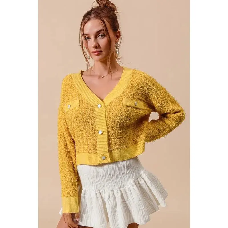 SO ME Frayed Tweed Knit Buttoned Front Cardigan