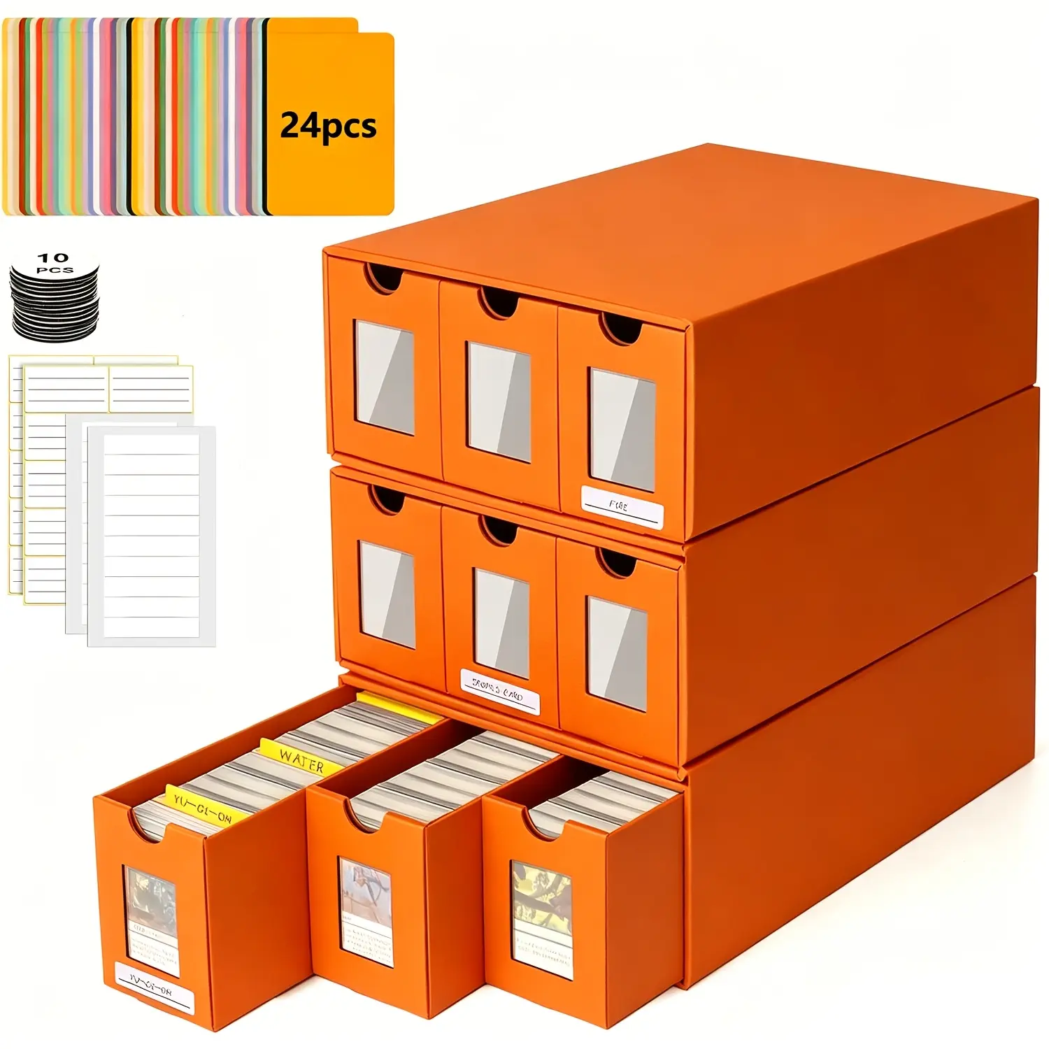 Trading Card Storage Box, Includes 9-600 CT Boxes & 48 Card Dividers, 9000+ Trading Card Organizer for Collectible Card Games, for MTG, TCG, YGO, PTCG, Baseball Cards, with Labels & Tapes