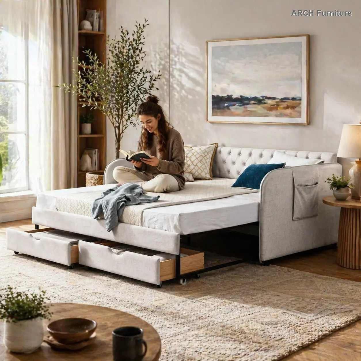 Classic Sturdy Linen Blend Mid-Century Modern Arch Twin-Size Upholstered Day Bed - Expandable Bed with Easy-Use Trundle, 2 Storage Drawers, Flat Arms with Pockets, 75''x39'' Twin/King Option, 500lbs Capacity, Foam-Padded Kid Room Indoor Furniture, King Si