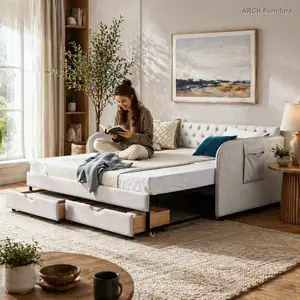 Mid-Century Linen Blend Arch Twin-Size Upholstered Day Bed - Easy-Use Trundle Expandable Bed, 2 Storage Drawers, Flat Arms with Pockets, Twin-to-King Indoor Bedroom Living Room Furniture