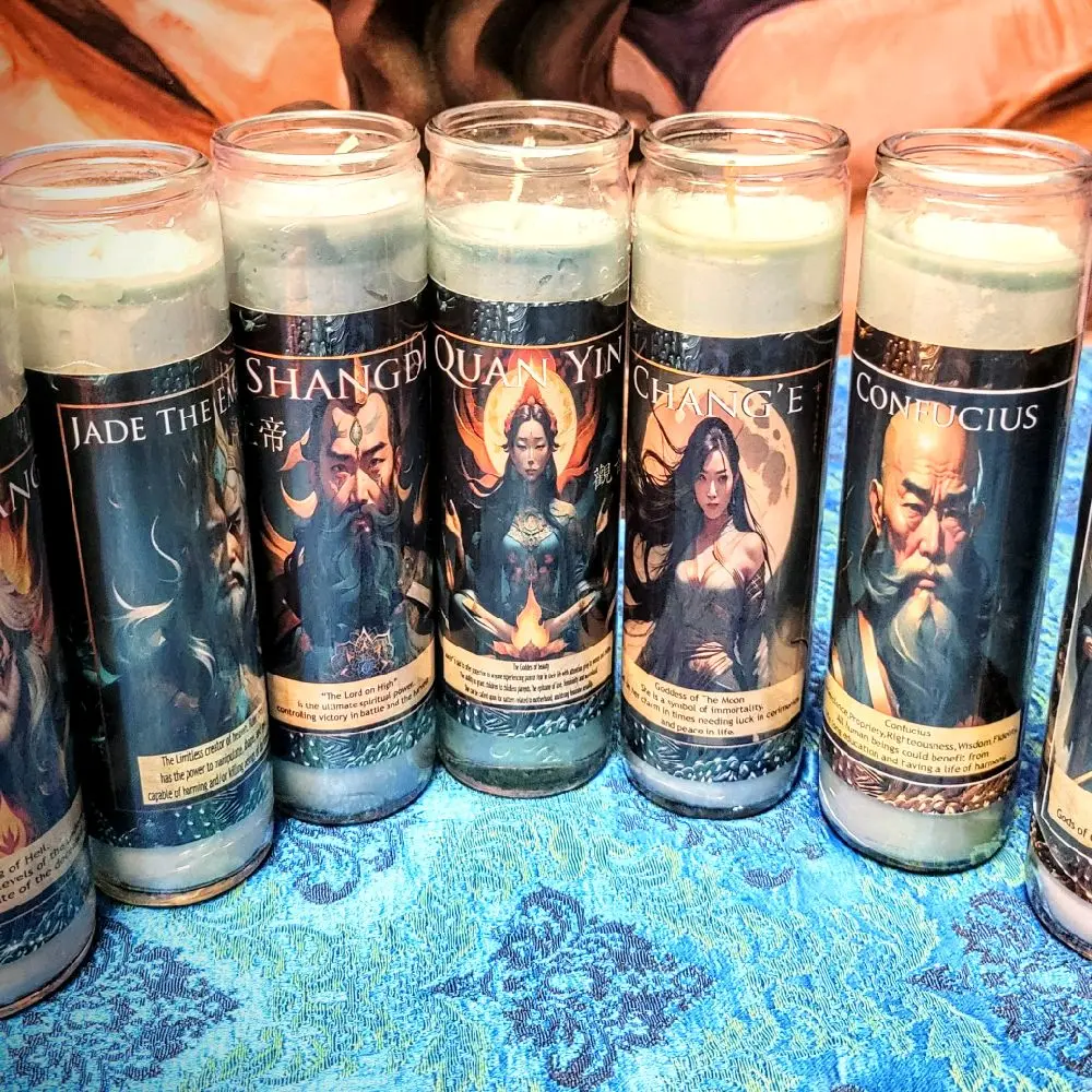 Asian Lightbringer Ritual Candles - Featuring Shangri, Quan Yin, Chuang Tse, and Confucius Designs - Spiritual Decor