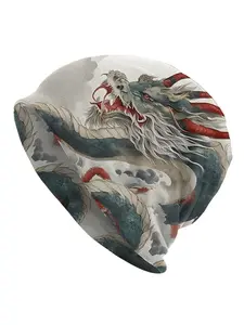 1pc Zodiac Dragon Print Fashionable Skull Cap, Polyester 95% Elastane 5% Knitted Beanie for Men, Knit Hat