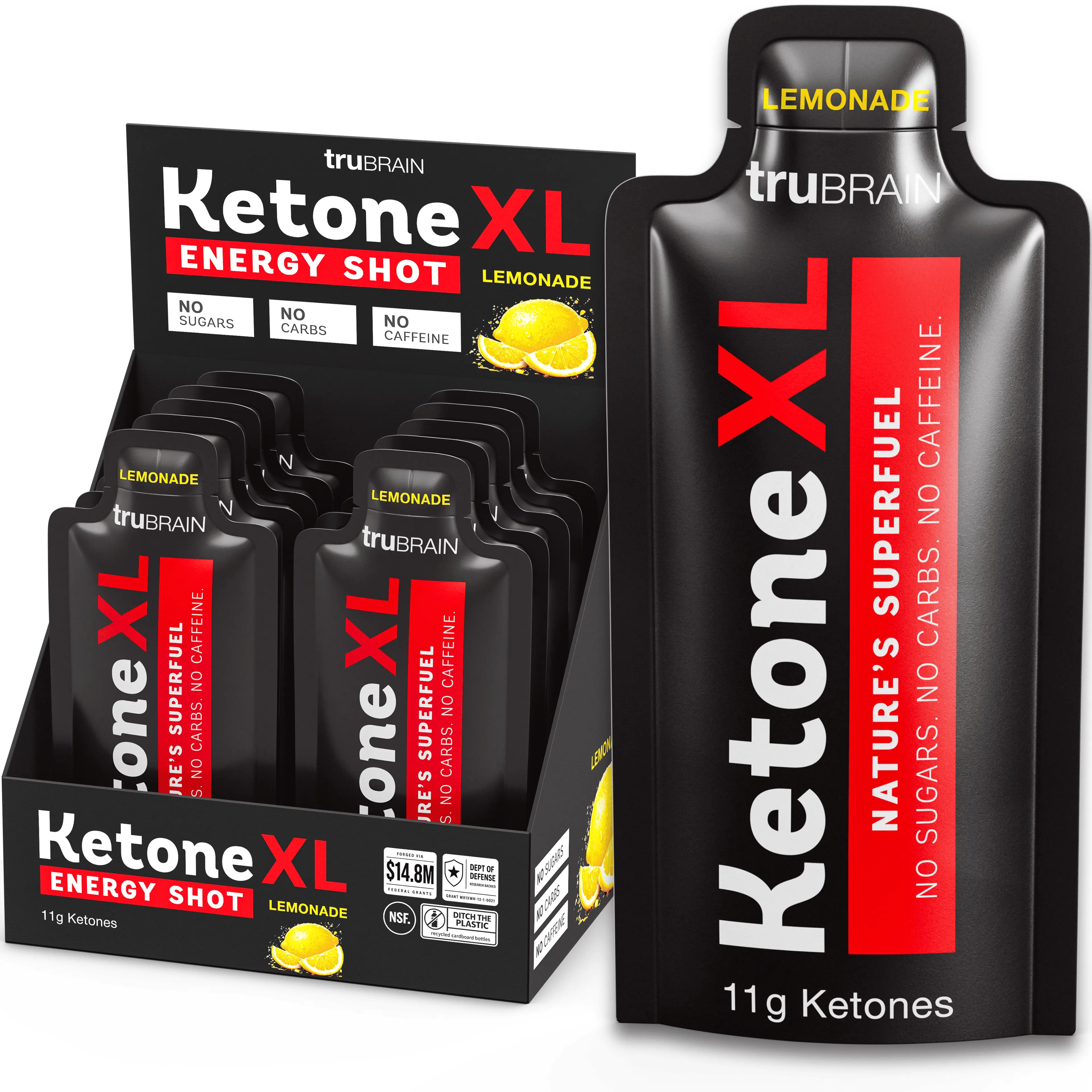 TruBrain Ketone XL - 11g Pure Ketones Per Shot - Endurance Fuel for Running, Cycling & Training - No Sugar, No Caffeine - 10 Pack
