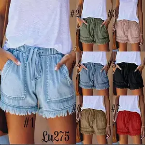 Women's drawstring elastic waist casual denim shorts with pockets, tassel high waist denim shorts, plus size women's pants, white loose women's bottoms