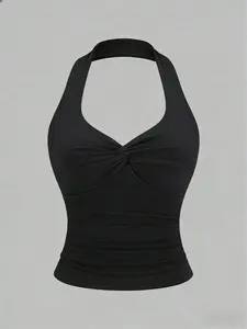 Women's Sleeveless Halter Top with Knot Design, Slim-Fitting Ruched Casual Blouse, Pure Color Graphic Shirt, Bodycon Tank Top for Everyday Wear Womenswear