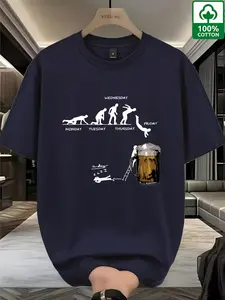 Men's 100% Cotton Weekday Beer T-Shirt, Evolution Graphic Oversized Streetwear Tee, Fitted Long Top Without Zipper, All Seasons