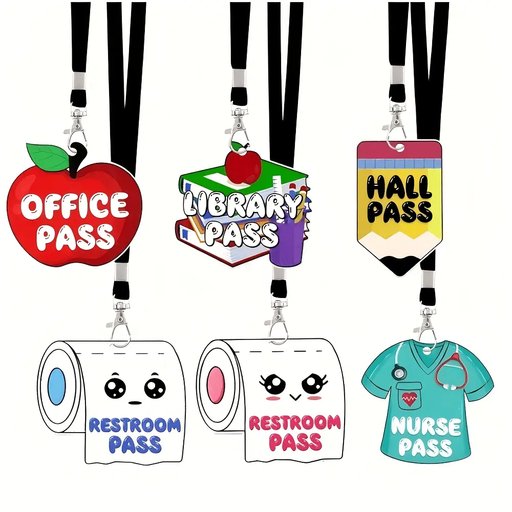 6pcs Hall Pass Hanging Rope Suitable for Classroom Day 1, School Acrylic Bathroom, Toilet, Library Office, Nurse Pass, Teacher Organization Supplies, Gifts