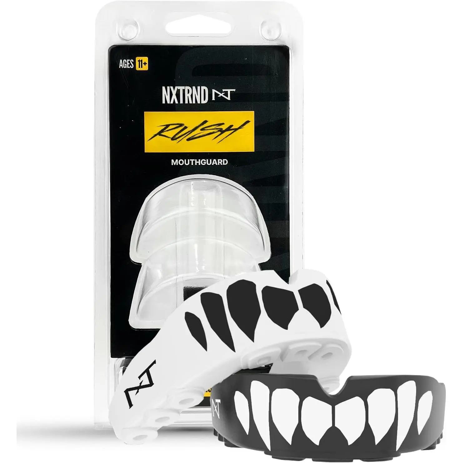 2-Pack Nxtrnd Rush Mouth Guard - Bite Fang Look, Black and White Design, Soft Gel Liner, Secure Shape Impact Shield, for Boxing, Contact Sports, Two-Pack